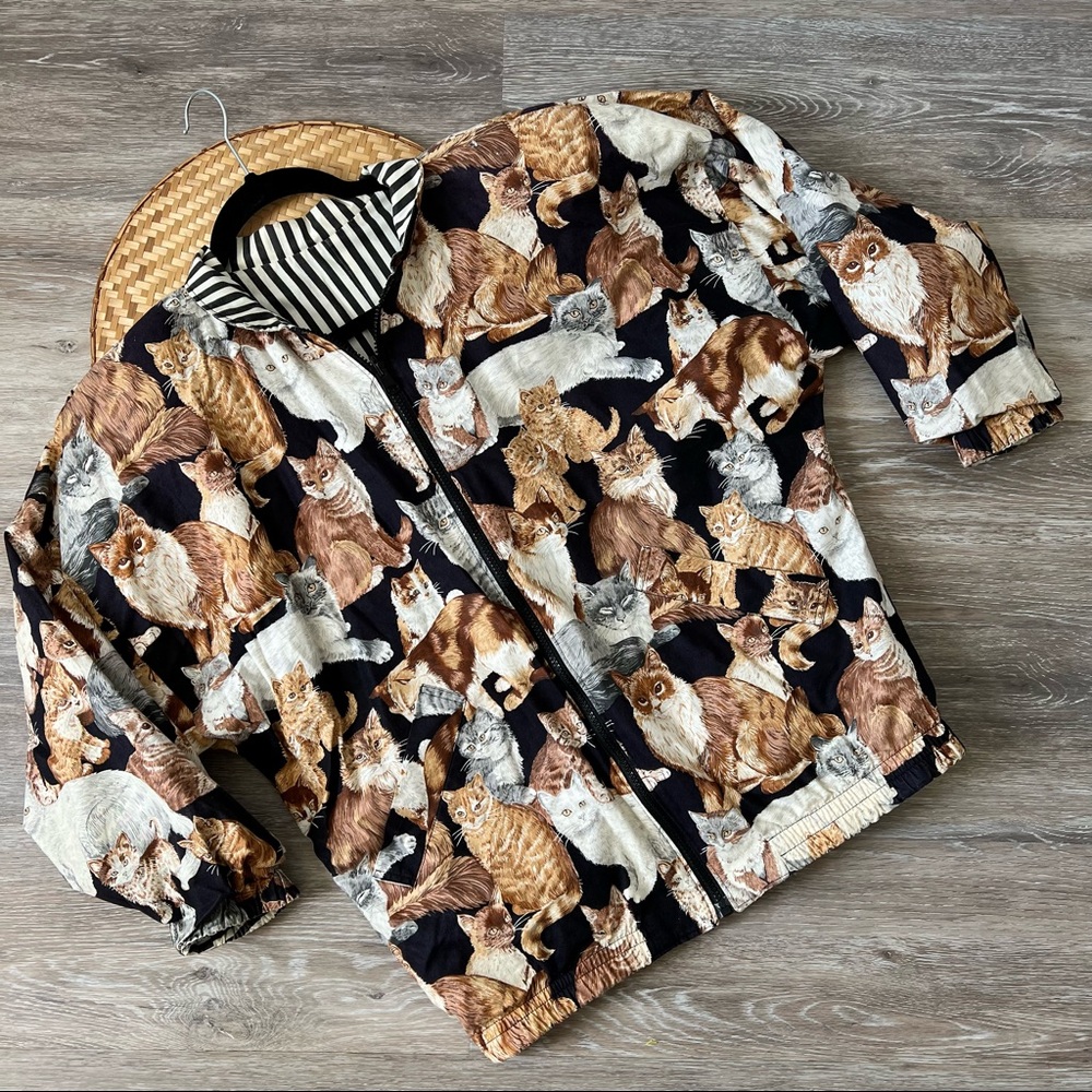 Vintage Reversible Striped Cat Printed Bomber Jacket